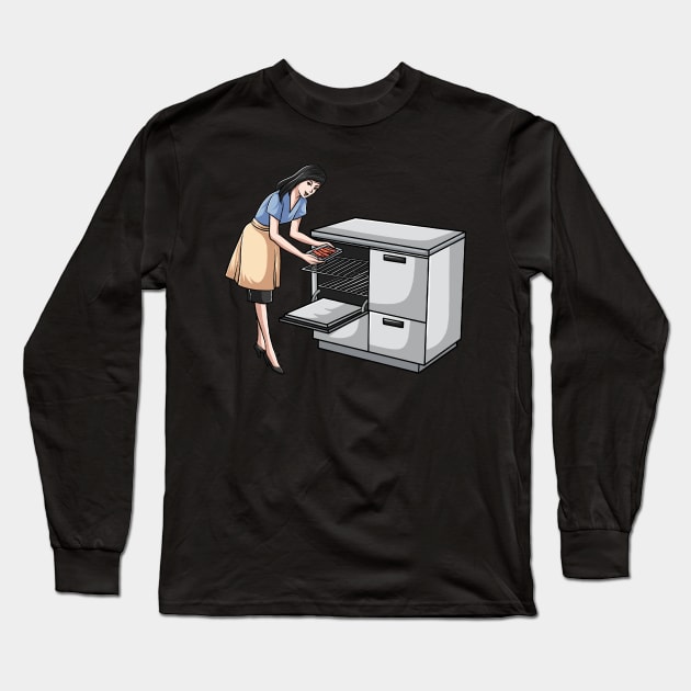 Bacon - Woman Cooking Bacon Long Sleeve T-Shirt by fromherotozero